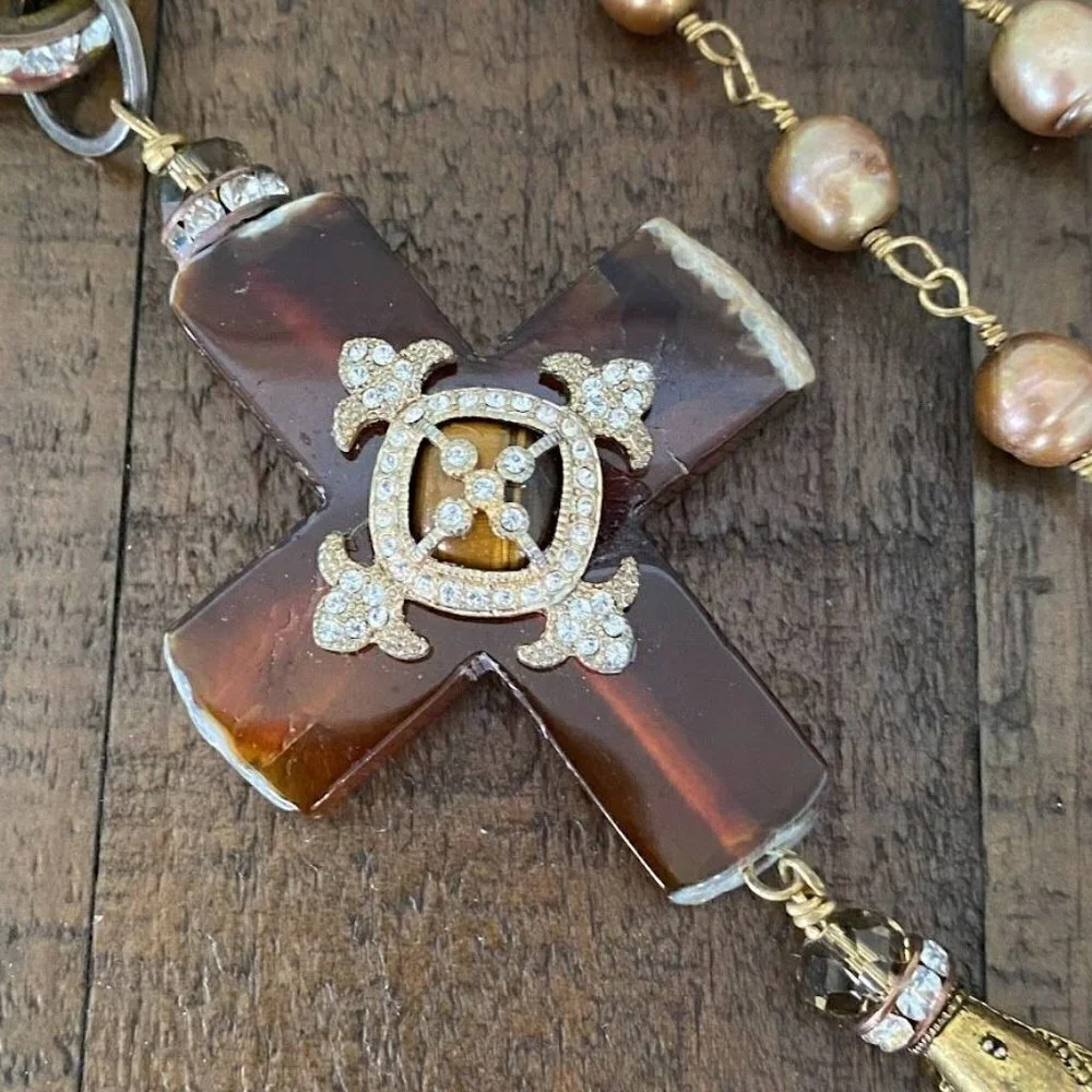 Vintage Amber Cross Necklace Freshwater Pearl Tassel Pendant